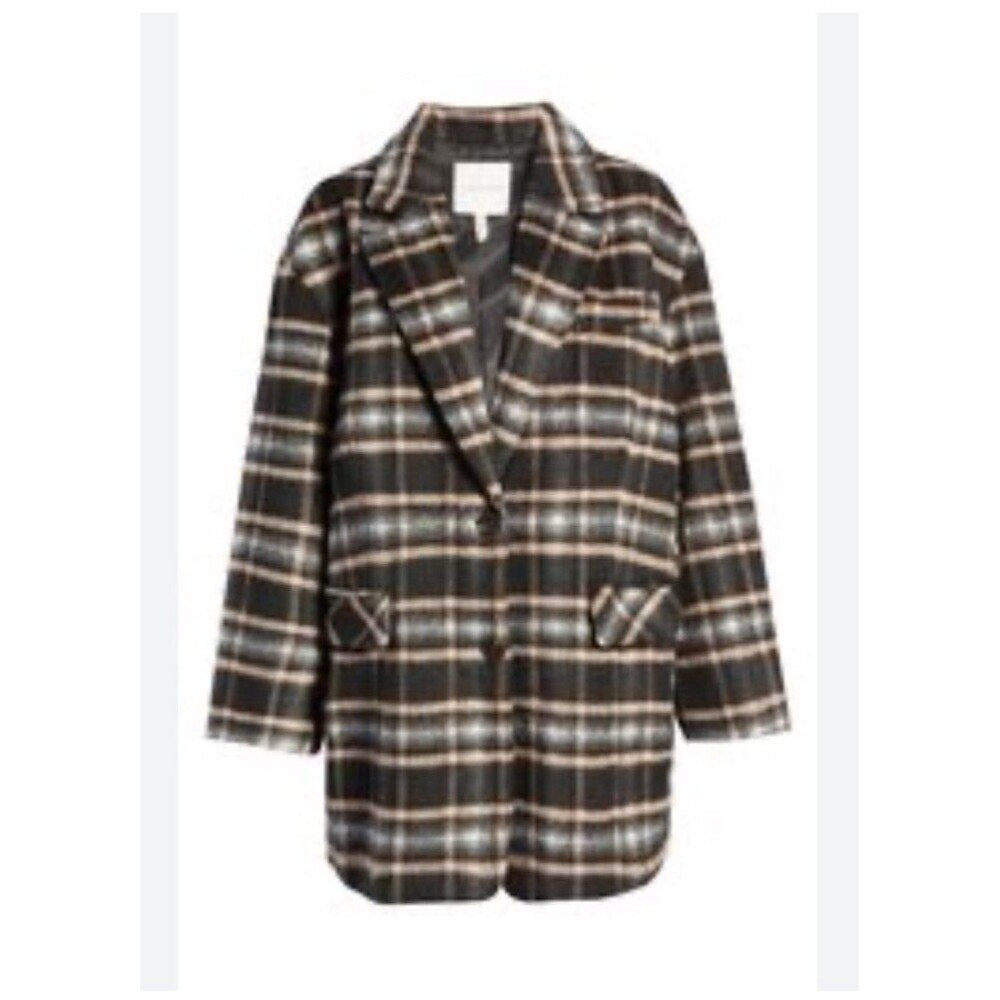 AVEC LES FILLES Houndstooth Wool Blend Plaid Pea Coat Black Tan XS